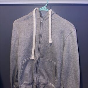 Gray Zip Up Sweater with Hood and Drawstrings